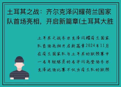 土耳其之战：齐尔克泽闪耀荷兰国家队首场亮相，开启新篇章(土耳其大胜荷兰)