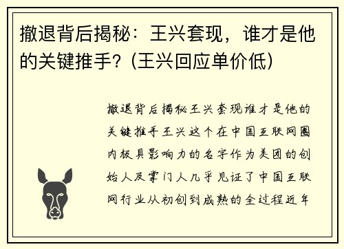 撤退背后揭秘：王兴套现，谁才是他的关键推手？(王兴回应单价低)