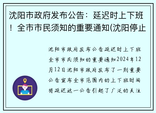 沈阳市政府发布公告：延迟时上下班！全市市民须知的重要通知(沈阳停止上班)